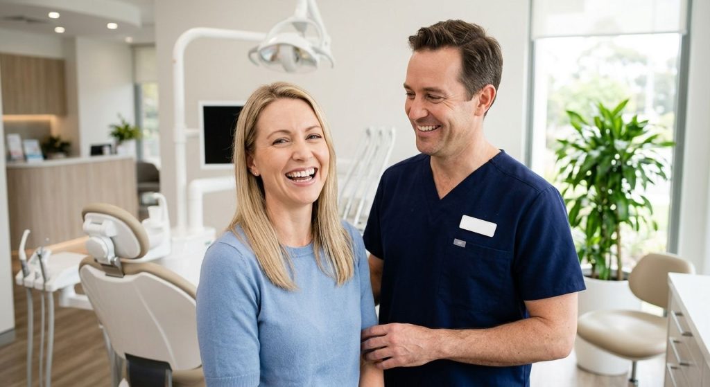 A smiling patient with a natural-looking tooth implant sits beside a friendly dentist in a bright modern clinic, conveying trust and comprehensive dental care.