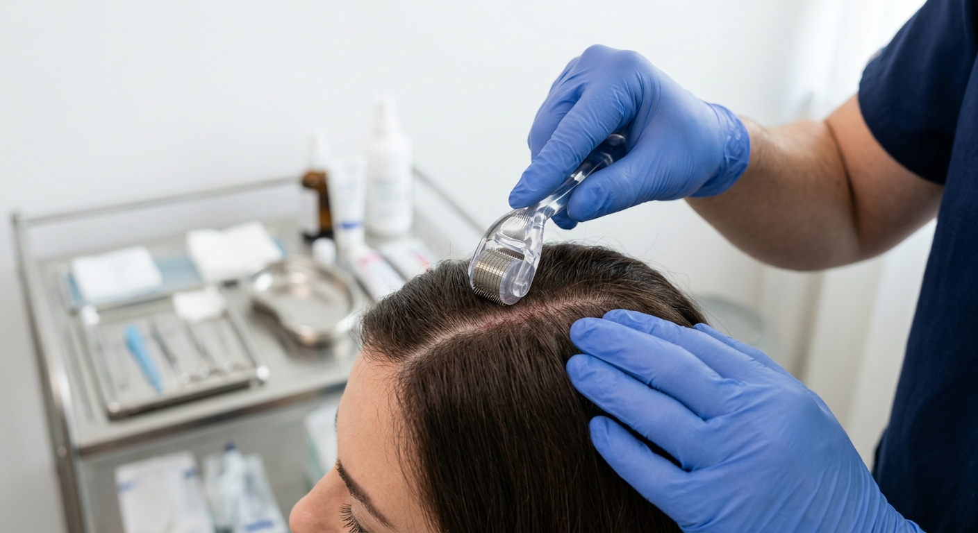Microneedling treatment for hair loss by a dermatologist using a derma roller on a client's scalp, captured as a close-up in a clean clinical room